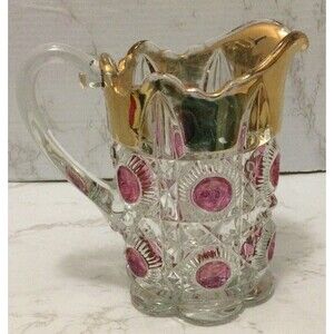 Vintage EAPG Bulls Eye & Daisy Pitcher W/ Amethyst Stain US Glass Co